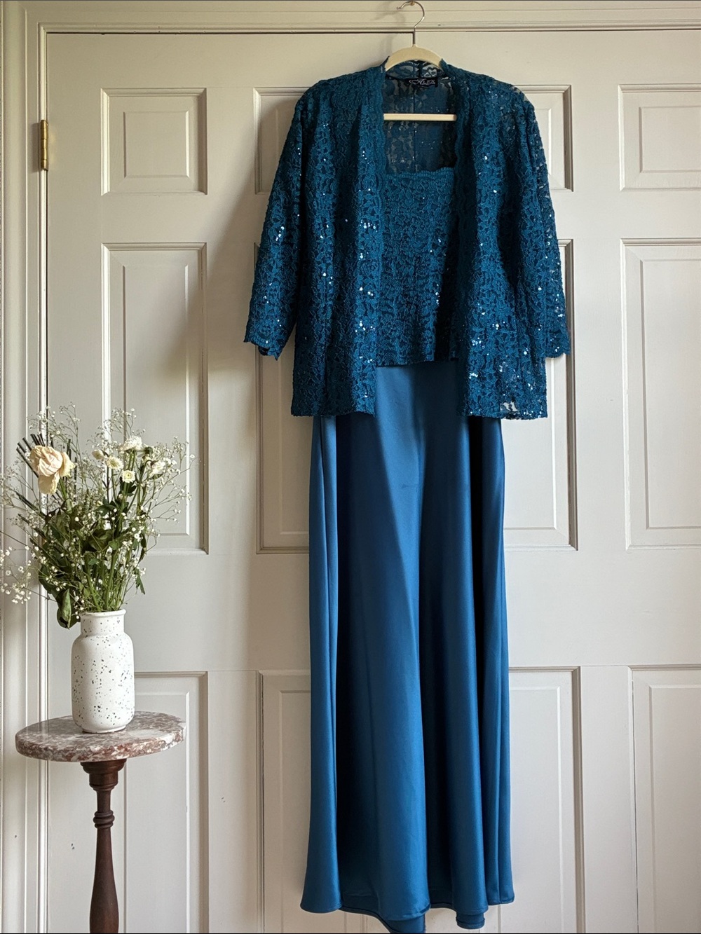 Alex Evenings Teal Lace Jacket Two-Piece Gown with Chiffon Skirt